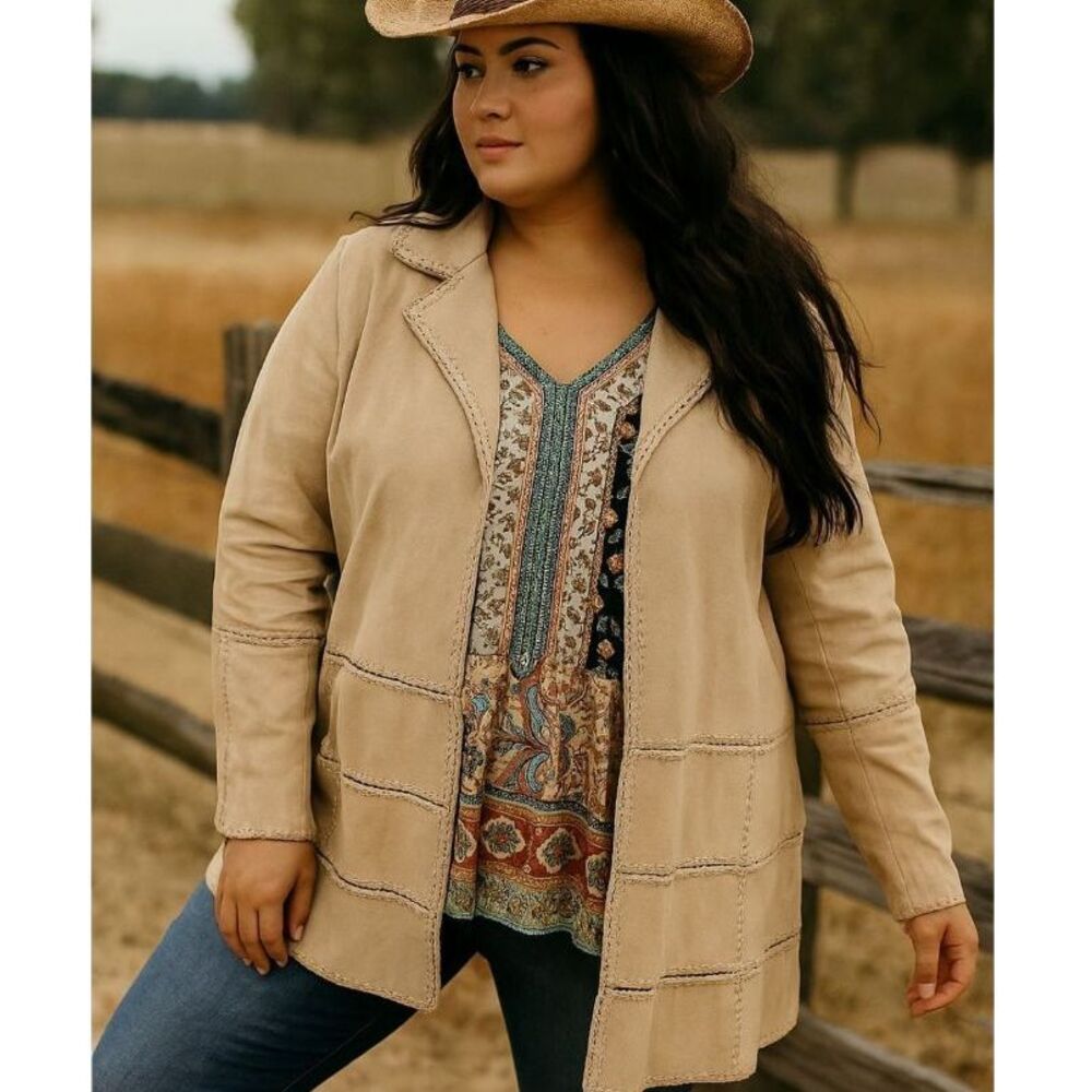 Outbrook Suede Patchwork Boho Jacket Women's Size 3X Crochet Cottage Tan Hippie